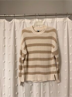 American Eagle Outfitters Cream and Tan Striped Crewneck Sweater